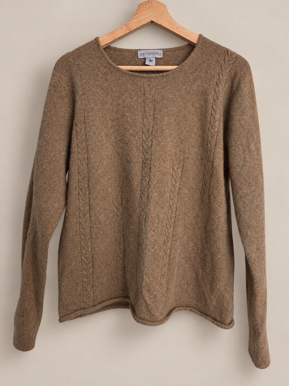 Ann Freiberg Angora-Wool Cable-Knit Sweater — Brown, Size Large